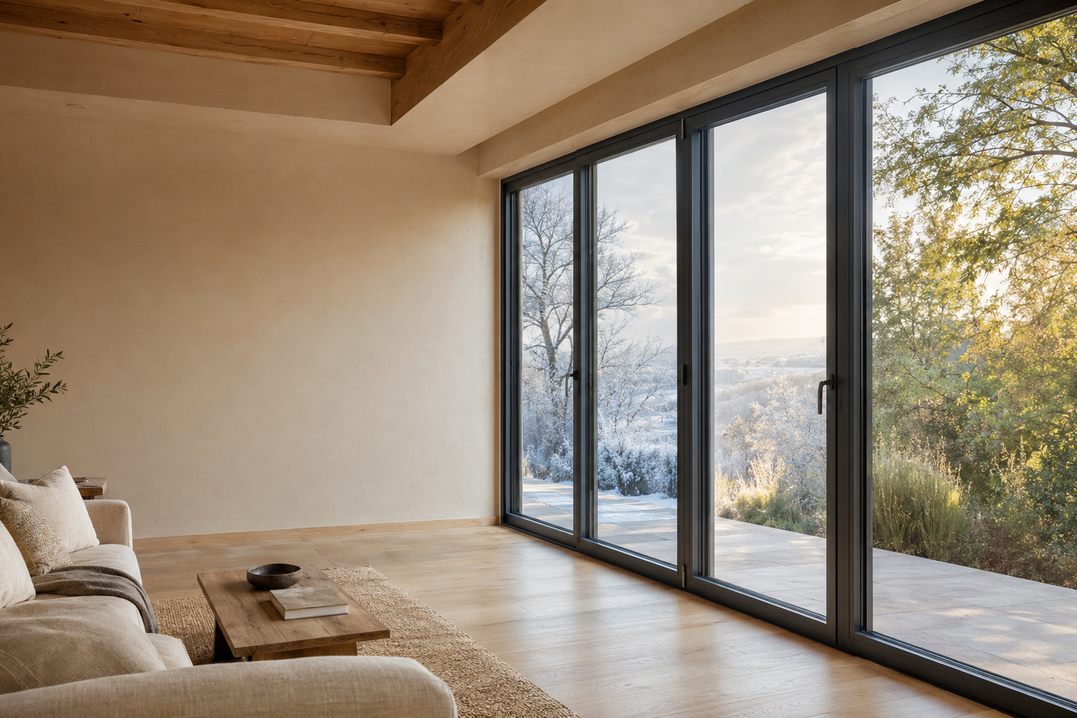 Intérieur confortable avec fenêtres anthracite, entre paysage d’hiver et lumière d’été